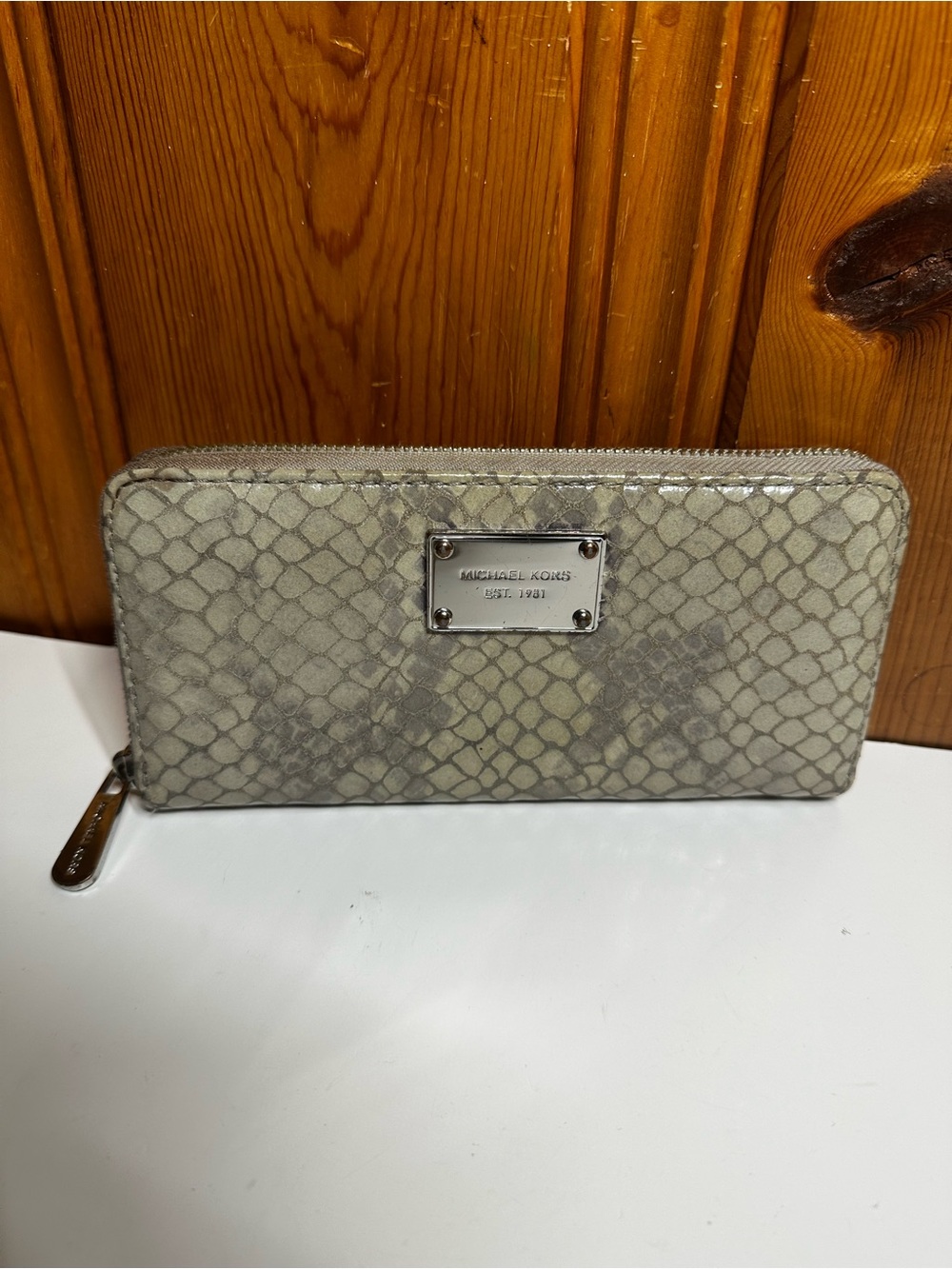 Michael Kors Neutral Snake-Embossed Zip Wallet